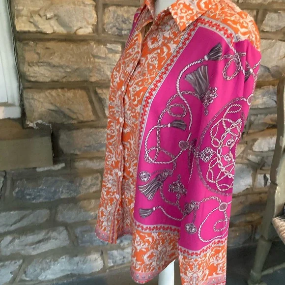 Umgee USA Pink and Orange Chain and Tassel Print Top Size Small EUC - Picture 3 of 16